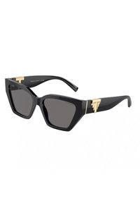 Occhiali da sole neri con una montatura geometrica e oversize. Presentano lenti scure e dettagli metallici color oro sulle aste. Materiale in plastica elegante.