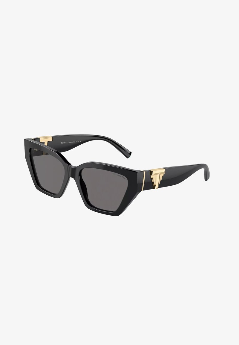 Occhiali da sole neri con una montatura geometrica e oversize. Presentano lenti scure e dettagli metallici color oro sulle aste. Materiale in plastica elegante.