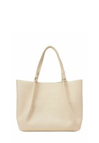 Sac fourre-tout en cuir texturé beige avec deux poignées sur épaule et une forme rectangulaire spacieuse, légèrement affaissée.