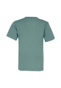 T-paita lyhyillä hihoilla hillityssä teal-värissä, valmistettu pehmeästä puuvillasta. Ominaisuuksiin kuuluu pyöreä kaula-aukko ja siisti helma, eikä siinä ole näkyviä grafiikoita tai koristeita.