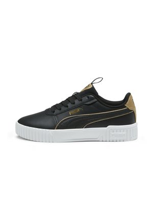 Sorte syntetiske sneakers med guld accenter, hvid gummisål og tekstureret design. Har snørelukning og polstret krave.