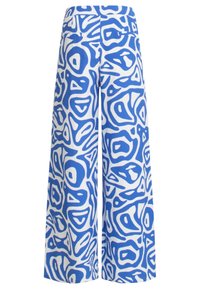 Weite Hosen aus weißem Stoff mit einem blauen abstrakten Muster. Mit glattem Bund und Seitentaschen. Weicher Griff.