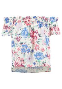 Blusa off-shoulder con scollo ed maniche elastiche, caratterizzata da un motivo floreale in blu, rosa, rosso e verde su sfondo bianco.