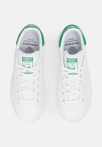 Zapatillas de cuero blancas con detalles verdes, que presentan un diseño de cordones, lados perforados y una marca impresa en la lengüeta y en la plantilla.