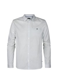 Camicia button-up bianca con un motivo a pois blu navy. Presenta un colletto classico, maniche lunghe e una tasca sul petto con bottone.