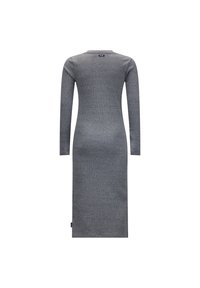 Abito grigio a coste con maniche lunghe e una silhouette aderente. Presenta un colletto rotondo e un logo discreto sul retro. Tessuto liscio.