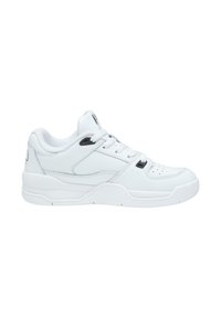 White sneaker with a smooth leather upper, black accent details, round toe, lace-up design, padded collar, and textured rubber sole.