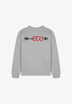 Gray sweatshirt with a crew neck. Back features red and white stitched hearts on a black arrow. Soft texture with ribbed cuffs and hem.