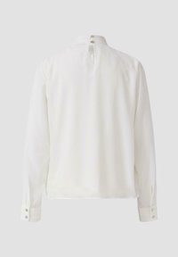 Back view of a white long-sleeve blouse with a high neck, button closure at the collar, and buttoned cuffs.