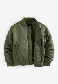 Giacca bomber in satin verde con polsini e colletto a coste, dotata di una tasca laterale e fodera trapuntata. Chiusura con zip e dettagli del marchio.