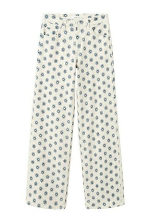 Pantalones blancos de corte recto con un patrón repetido de estallidos solares en azul marino, bolsillos delanteros y trabillas para cinturón.