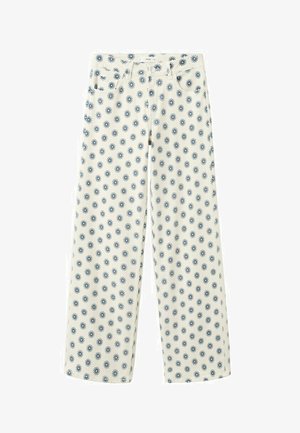 Pantalones blancos de corte recto con un patrón repetido de estallidos solares en azul marino, bolsillos delanteros y trabillas para cinturón.