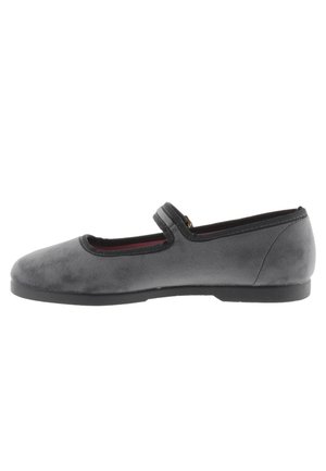 Gray suede Mary Jane shoe with a rounded toe, elastic strap, flat sole, and slight heel. Smooth texture and simple design.