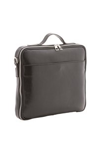 Borsa per laptop in pelle nera con chiusura a zip, forma rettangolare, superficie testurizzata e maniglia superiore per il trasporto. Presenta una tasca frontale.
