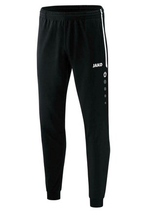 Jogging noir en tissu doux, avec une taille élastique, des rayures blanches sur les côtés et des détails de logo sur la cuisse et le côté.