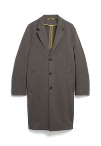 Grauer Wollmantel mit Schößchenkragen, einreihigem Knopfverschluss, zwei seitlichen Taschen und gelbem Innenfutter. Gerade, mittellange Passform.