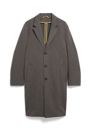 Gray wool coat with a notched collar, single-button closure, two side pockets, and a yellow interior accent. Straight, mid-length design.