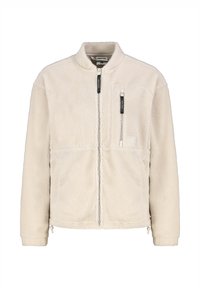 Cremefarbene Fleecejacke mit Stehkragen, Frontreißverschluss und zwei Seitentaschen. Verfügt über strukturierten Stoff und minimalistisches Design.