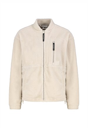 Crèmekleurig fleecejack met een opstaande kraag, ritssluiting aan de voorkant en twee zijzakken. Kenmerkt zich door een gestructureerde stof en een minimalistisch ontwerp.