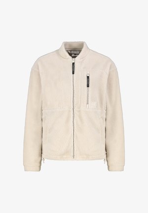Crèmekleurig fleecejack met een opstaande kraag, ritssluiting aan de voorkant en twee zijzakken. Kenmerkt zich door een gestructureerde stof en een minimalistisch ontwerp.