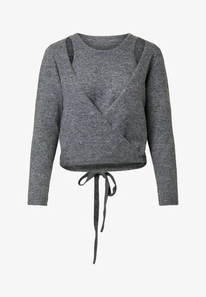 Pull en maille gris à manches longues avec un col rond et une ceinture nouée à la taille.