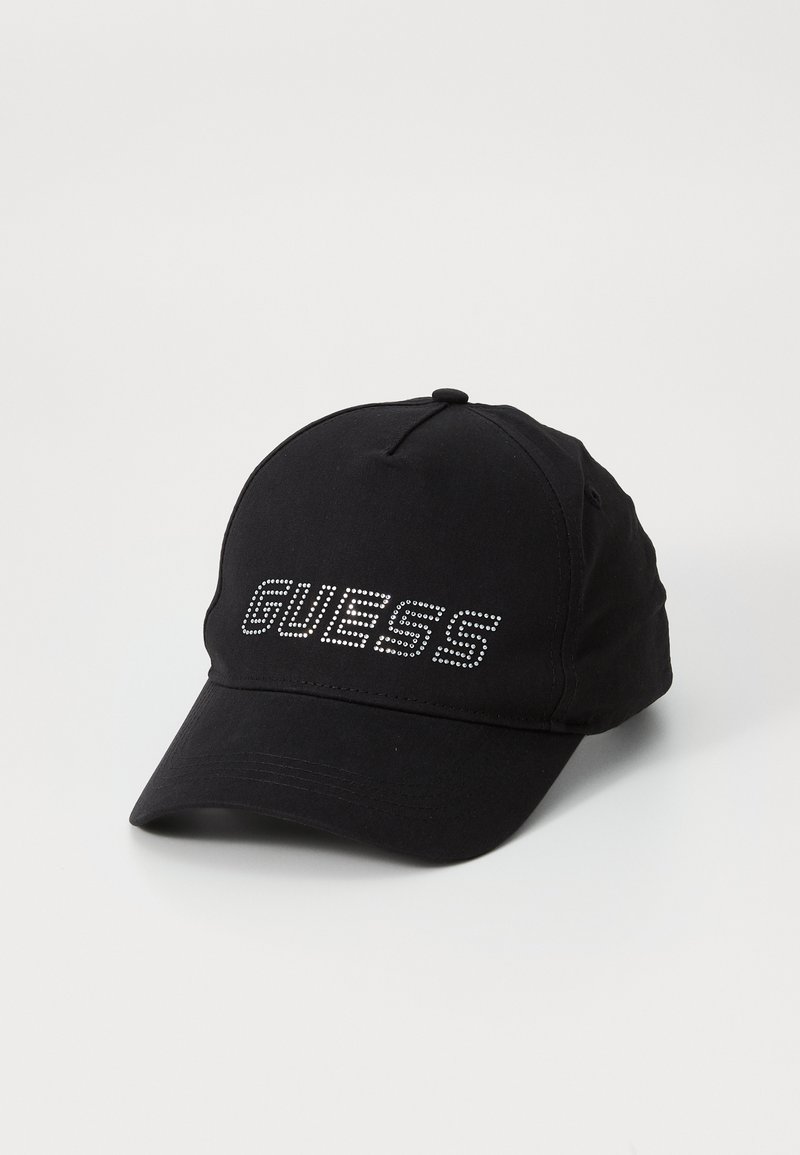 Fekete baseball sapka lekerekített fejrészsel, a elején gyémántokkal díszített "GUESS" logóval. Pamut anyag, ívelt karimával.