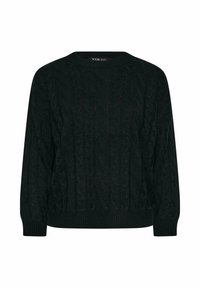 Mustamusta kudumisvillane särk, millel on nööripattern, ümmargune kaelus, pikad varrukad ning soonikkoes mansetid ja hem, et lisada tekstuuri.