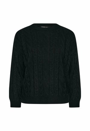 Maglione nero lavorato a maglia con motivo a treccia, scollatura rotonda, maniche lunghe e polsini e orlo a coste per una maggiore texture.