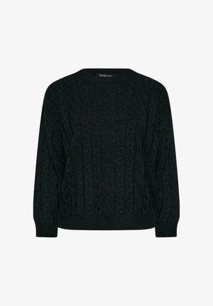 Zwarte gebreide trui met een kabelpatroon, ronde halslijn, lange mouwen en ribbelboorden en -zoom voor extra textuur.