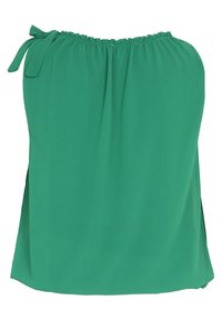 Top senza maniche verde realizzato in tessuto leggero. Presenta un collo arricciato con un dettaglio a lacci e fessure laterali per una maggiore facilità di movimento.