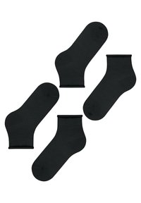 Schwarze Baumwollsocken mit glatter Textur und elastischen Bündchen. Vier Paare werden präsentiert, in verschiedenen Längen: Fußleisten- und Knöchelsocken.