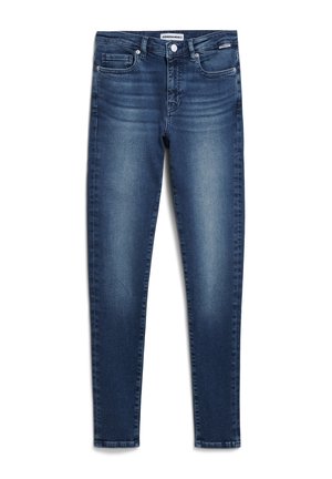 Dunkelblaue Skinny-Jeans mit einem ausgewaschenen Look. Merkmale sind fünf Taschen, ein Reißverschluss und Gürtelschlaufen, hergestellt aus Denim-Stoff.