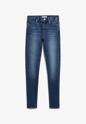 Dunkelblaue Skinny-Jeans mit einem ausgewaschenen Look. Merkmale sind fünf Taschen, ein Reißverschluss und Gürtelschlaufen, hergestellt aus Denim-Stoff.