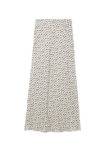 Gonna midi con stampa floreale nera su sfondo crema, caratterizzata da un design fluido e una texture del tessuto, con orlo largo e vita elasticizzata.