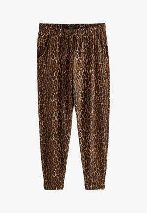 Leopardmønstret joggers lavet af blødt stof med elastisk talje og snor. Har to sidelommer og tapered ankler.
