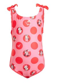 Roze eenpersoons zwempak met rode stippen, met cirkelvormige Minnie Mouse-afbeeldingen. Verstelbare bandjes met strikken, gemaakt van rekbaar materiaal.