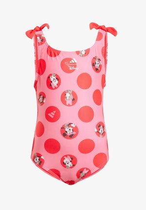 Rozā viengabala peldkostīms ar sarkaniem punktiņiem, ar apļveida Minnie Mouse zīmējumiem. Regulējamās siksnas ar lentītēm, izgatavots no stiepjama materiāla.