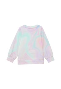 Pastelowy sweter z gładkiego, lekkiego materiału. Tył zdobiony jest spiralnym wzorem w odcieniach różu, niebieskiego i zielonego; długie rękawy.