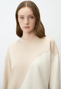 Felpa beige con un design a pannelli geometrici crema. Tessuto morbido, colletto tondo e maniche lunghe con una vestibilità rilassata.