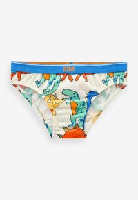 Drengeundertøjsbukser med hvidt stof og farverige dinosaurprint, blåt livrem med teksten "FREDAG" og elastisk kantdetaljer.