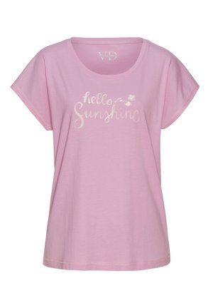 Vaaleanpunainen lyhythihainen T-paita, joka on valmistettu pehmeästä puuvillasta. Paita on pyöreäkaulainen ja siinä on teksti "hello Sunshine" valkoisin kukkaistuksin.