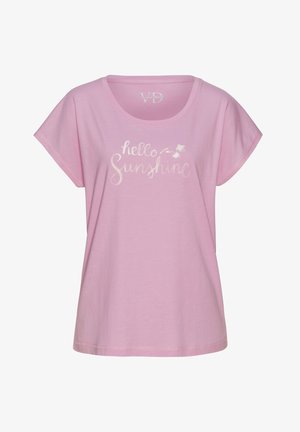 Roze T-shirt met korte mouwen, gemaakt van zachte katoen, met een ronde hals en de tekst "hello Sunshine" met florale accenten in het wit.