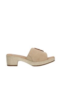 Beige suede sandal with a wide open toe, featuring a textured brown accent. Low, ridged heel offers stability and comfort.