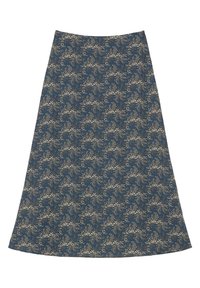 Rozkloszowana spódnica z ciemnoniebieskiego materiału ze złotym floralnym wzorem, charakteryzująca się gładką teksturą i długością do kolan.