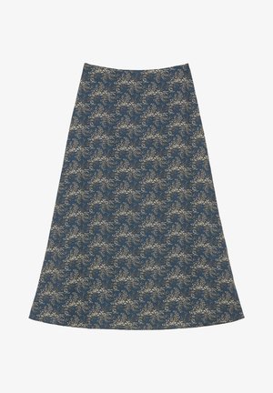 Kellotettu hame tummansinisestä kankaasta, jossa on kultaiset kukkakuviot, sileä pinta ja polvenpituinen malli.