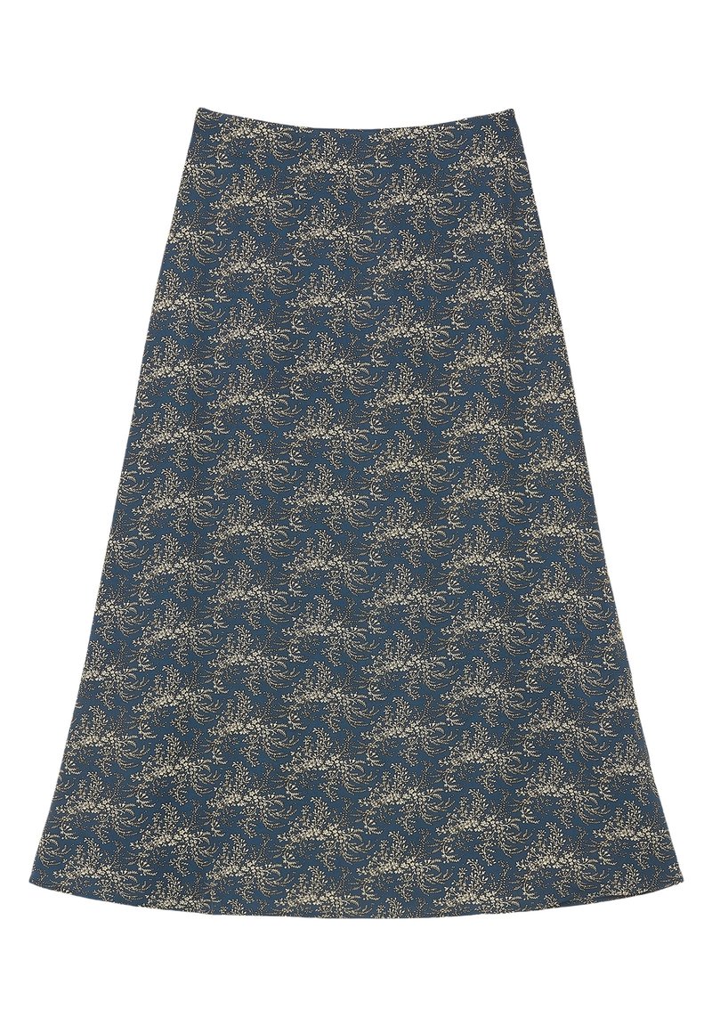 Rozkloszowana spódnica z ciemnoniebieskiego materiału ze złotym floralnym wzorem, charakteryzująca się gładką teksturą i długością do kolan.