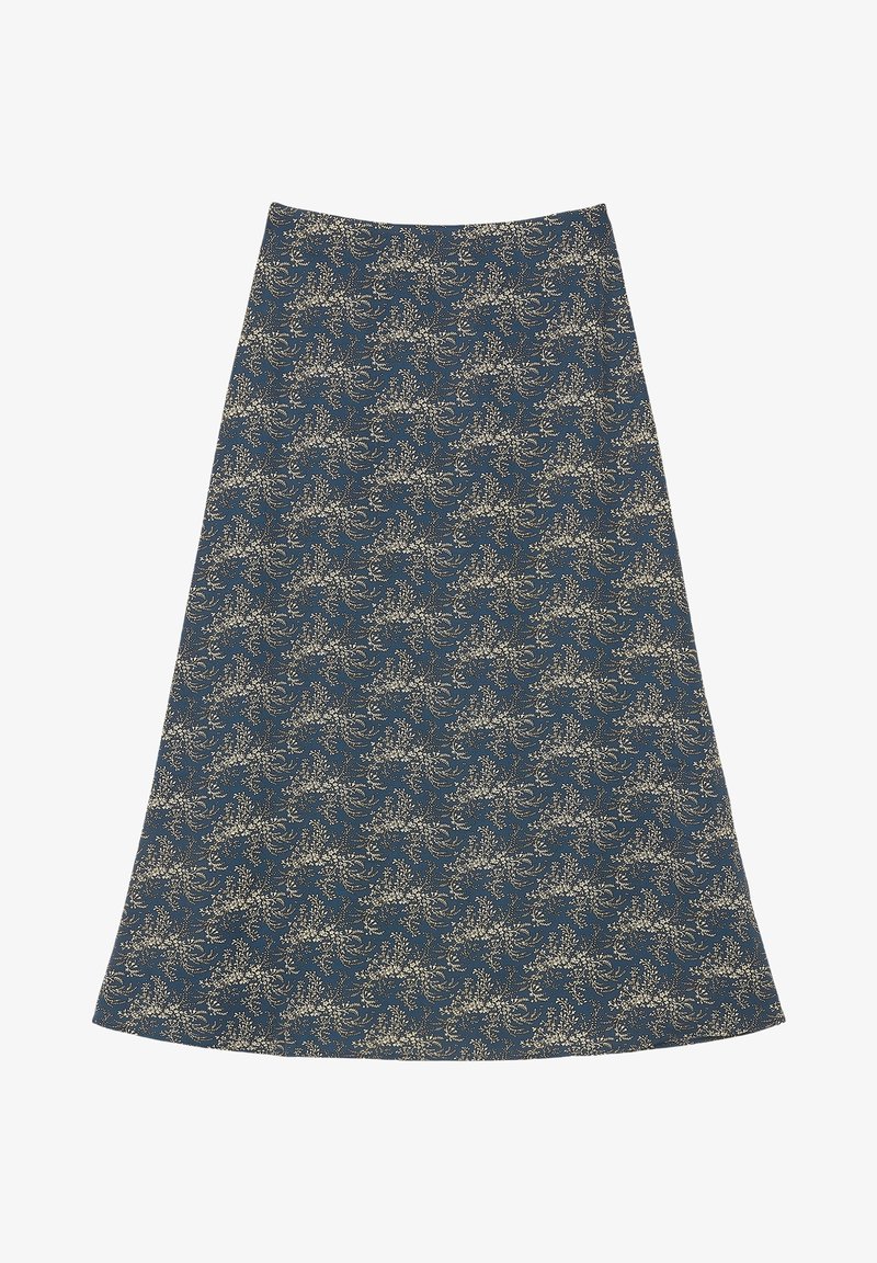 Rozkloszowana spódnica z ciemnoniebieskiego materiału ze złotym floralnym wzorem, charakteryzująca się gładką teksturą i długością do kolan.