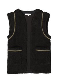 Gilet noir en polaire texturée, doté de deux poches avec des zippers dorés et d'une conception sans manches. Style simple sans col.