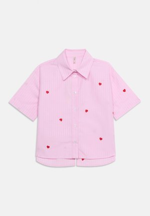 Light pink short-sleeve button-up shirt with thin white vertical stripes and small red embroidered hearts scattered across the fabric.
