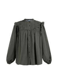 Donkergroene blouse met knopen en lange pofmouwen, met textuur in de voorste plooien en een geschulpte schouderdetail. Gemaakt van lichtgewicht stof.